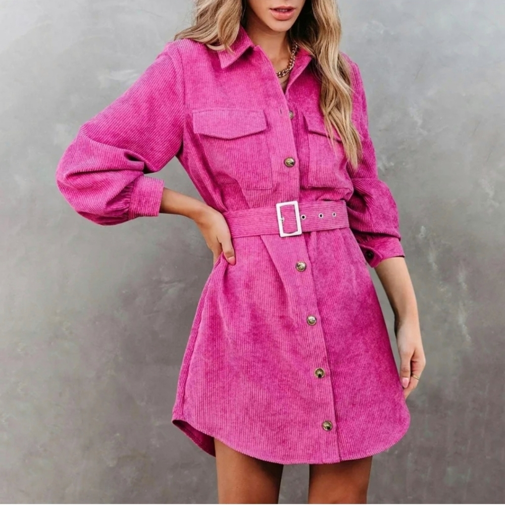 Vici Pink Corduroy Belted Mini Shirt‎ Dress